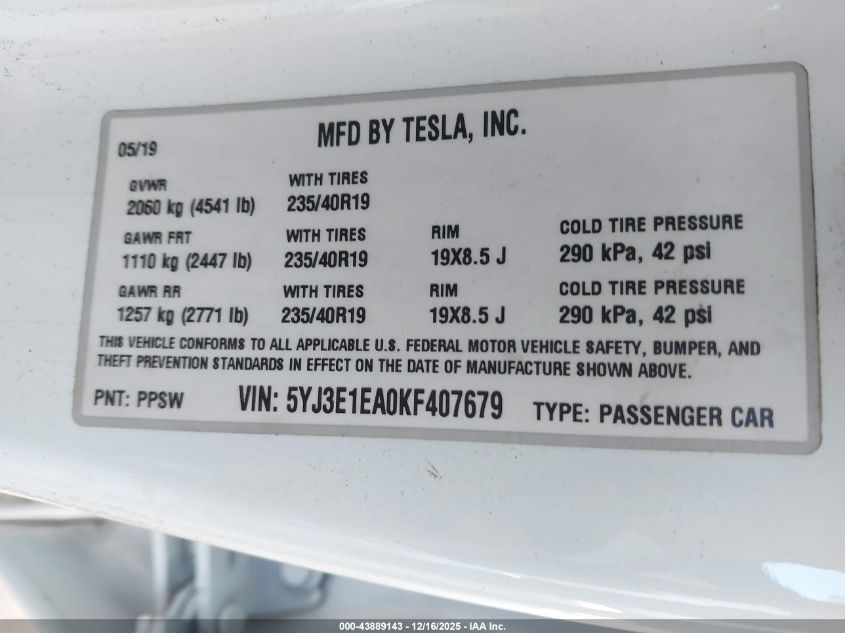 2019 Tesla Model 3 VIN: 5YJ3E1EA0KF407679 Lot: 43889143
