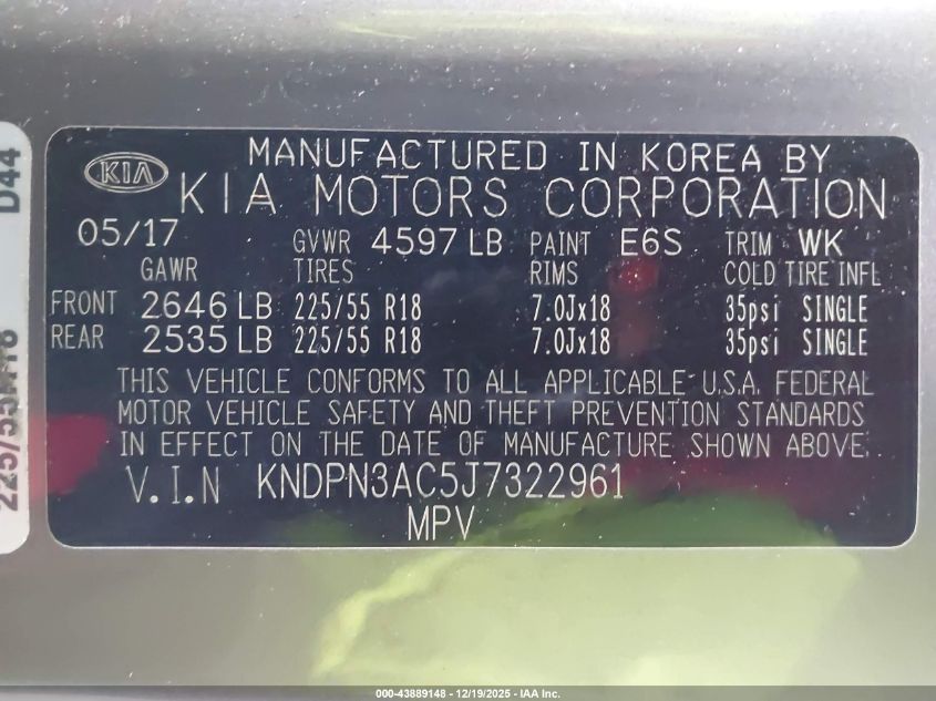 2018 Kia Sportage Ex VIN: KNDPN3AC5J7322961 Lot: 43889148