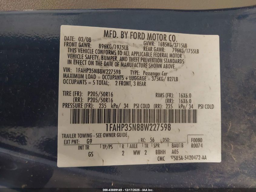 2008 Ford Focus Se/Ses VIN: 1FAHP35N88W227598 Lot: 43889149