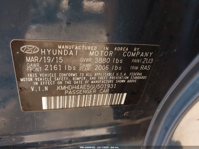 2016 Hyundai Elantra Se VIN: KMHDH4AE5GU501931 Lot: 43889162