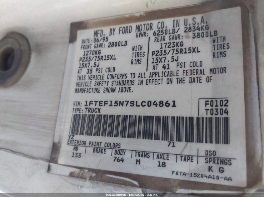 1995 Ford F150 VIN: 1FTEF15N7SLC04861 Lot: 43889165