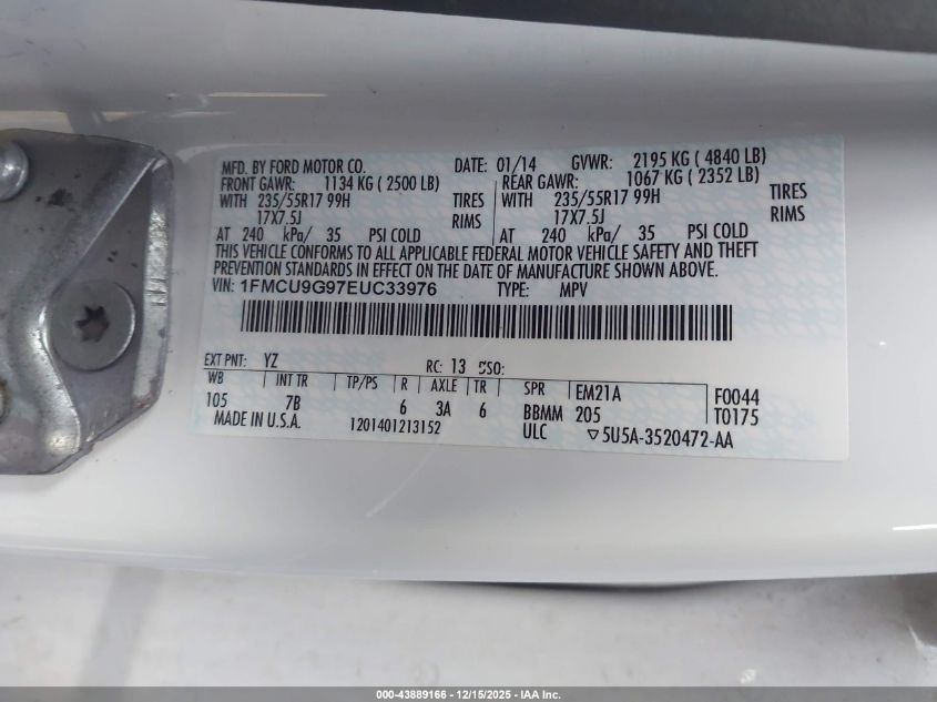 2014 Ford Escape Se VIN: 1FMCU9G97EUC33976 Lot: 43889166