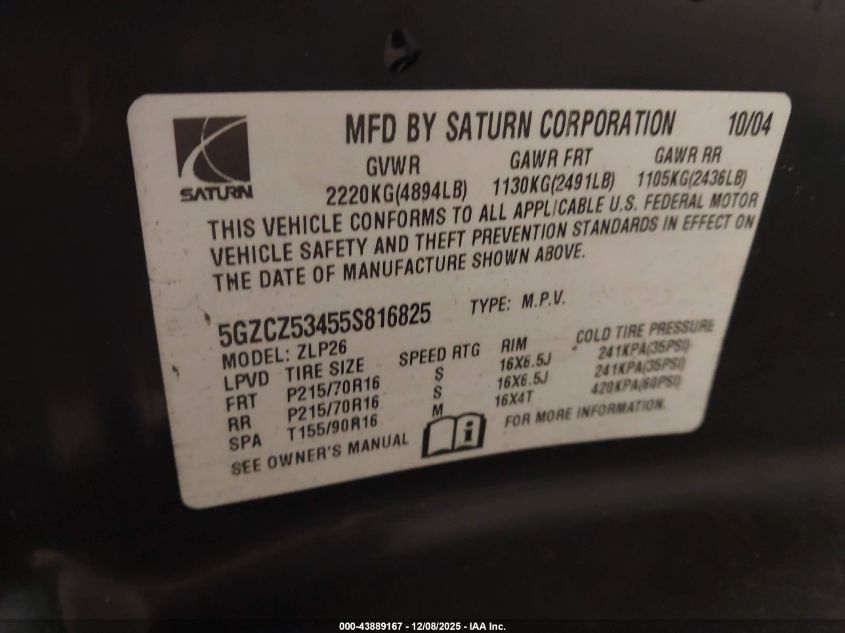 2005 Saturn Vue V6 VIN: 5GZCZ53455S816825 Lot: 43889167