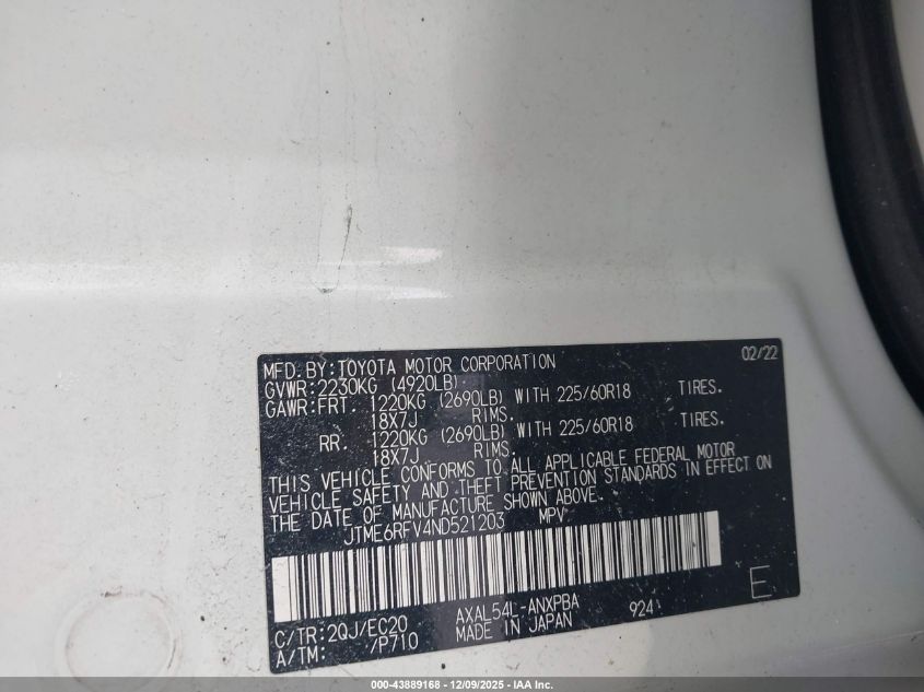 2022 Toyota Rav4 Hybrid Xse VIN: JTME6RFV4ND521203 Lot: 43889168