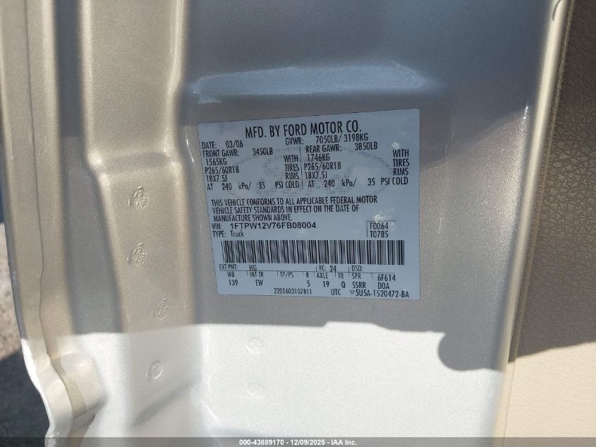 2006 Ford F-150 Lariat/Xlt VIN: 1FTPW12V76FB08004 Lot: 43889170