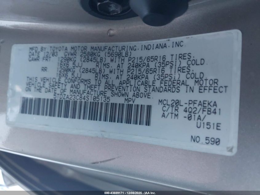 2004 Toyota Sienna Le VIN: 5TDZA23C84S105135 Lot: 43889171