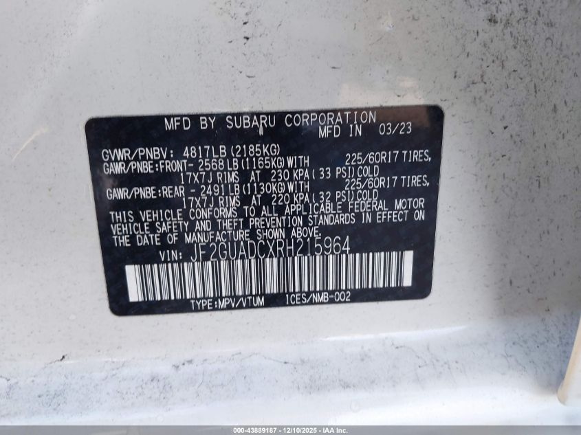 2024 Subaru Crosstrek Premium VIN: JF2GUADCXRH215964 Lot: 43889187