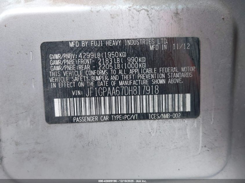 2013 Subaru Impreza 2.0I VIN: JF1GPAA67DH817918 Lot: 43889196