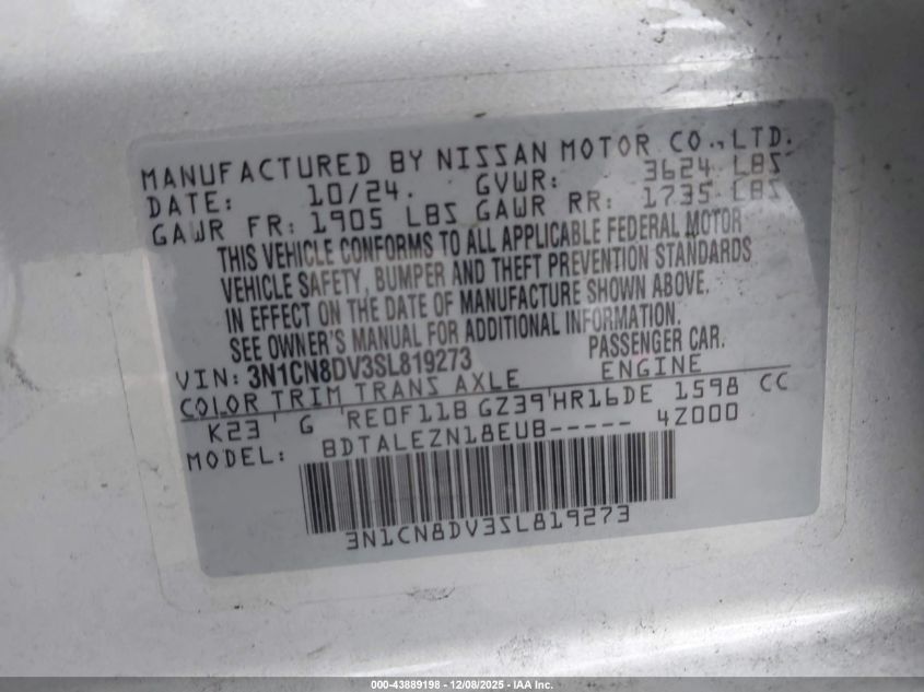 2025 Nissan Versa 1.6 S VIN: 3N1CN8DV3SL819273 Lot: 43889198