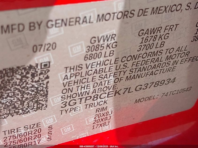2020 GMC Sierra 1500 2Wd Short Box Elevation VIN: 3GTP8CEK7LG378934 Lot: 43889207