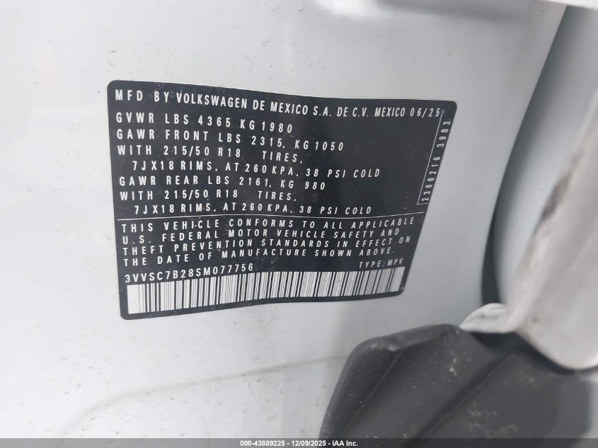 2025 Volkswagen Taos 1.5T Se VIN: 3VVSC7B28SM077756 Lot: 43889225