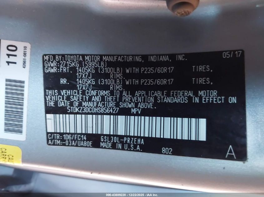 2017 Toyota Sienna Le 8 Passenger VIN: 5TDKZ3DC0HS856427 Lot: 43889228