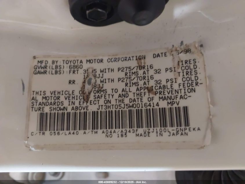 1998 Toyota Land Cruiser VIN: JT3HT05J5W0016414 Lot: 43889232