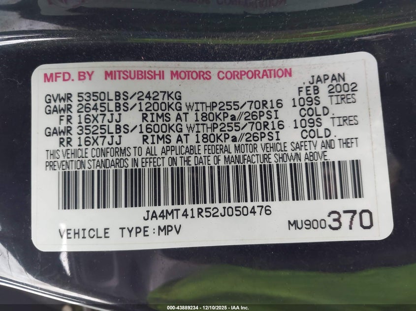 JA4MT41R52J050476 2002 MITSUBISHI MONTERO SPORT photo no. 9