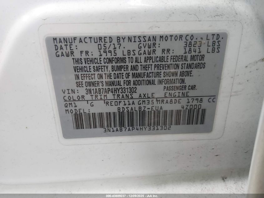 2017 Nissan Sentra S VIN: 3N1AB7AP4HY331302 Lot: 43889237