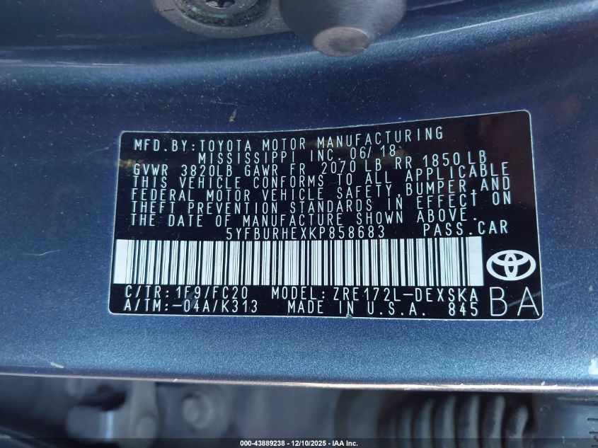 2019 Toyota Corolla Se VIN: 5YFBURHEXKP858683 Lot: 43889238