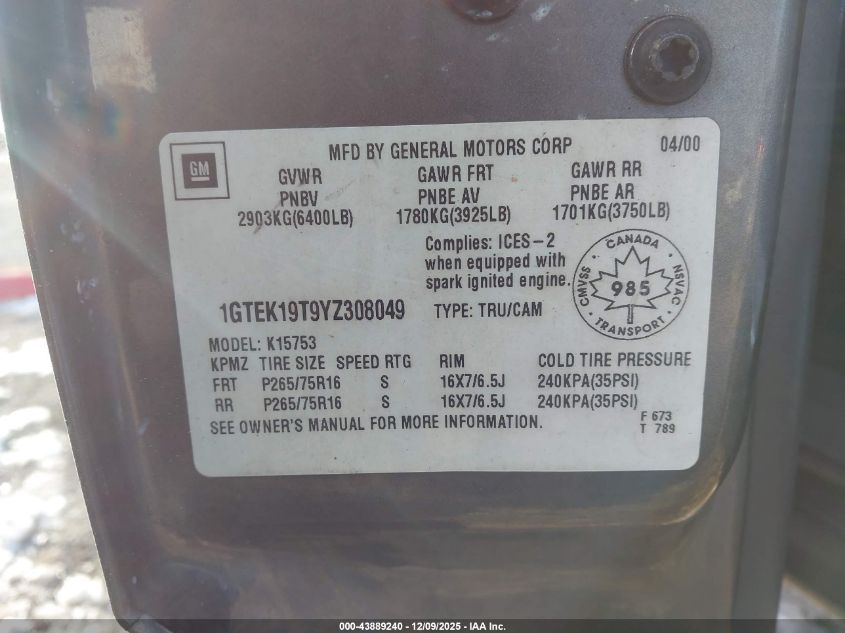 2000 GMC Sierra 1500 Sl/Sle VIN: 1GTEK19T9YZ308049 Lot: 43889240