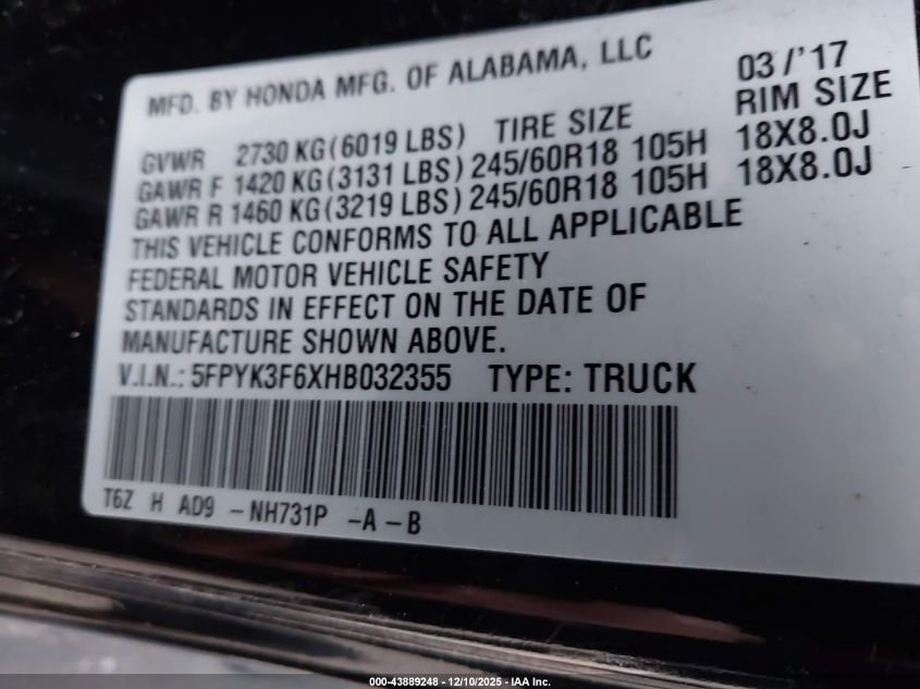 2017 Honda Ridgeline Rtl-T VIN: 5FPYK3F6XHB032355 Lot: 43889248