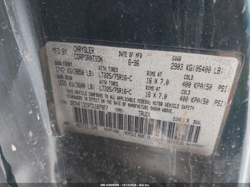 1996 Dodge Ram 1500 VIN: 3B7HF13Z0TG187967 Lot: 43889256