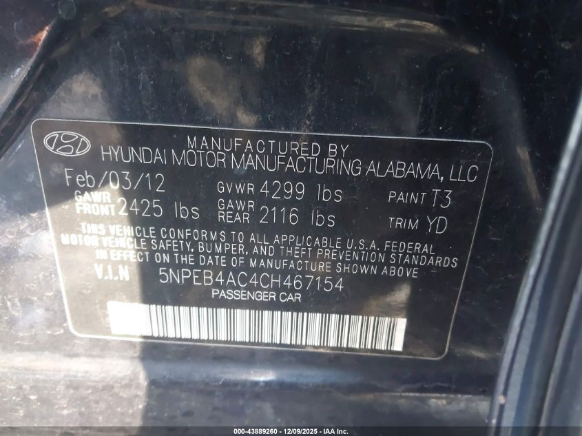 2012 Hyundai Sonata Gls VIN: 5NPEB4AC4CH467154 Lot: 43889260