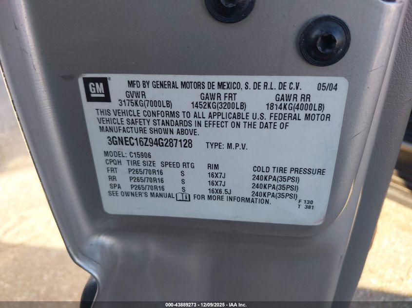 2004 Chevrolet Suburban 1500 Ls VIN: 3GNEC16Z94G287128 Lot: 43889273