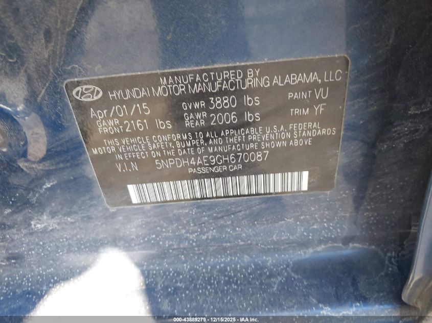 2016 Hyundai Elantra Se VIN: 5NPDH4AE9GH670087 Lot: 43889279