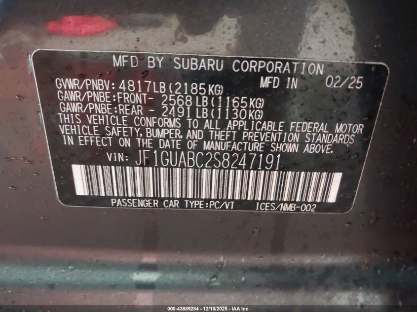 2025 Subaru Impreza Base 5-Door VIN: JF1GUABC2S8247191 Lot: 43889284