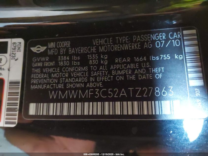 2010 Mini Cooper VIN: WMWMF3C52ATZ27863 Lot: 43889285