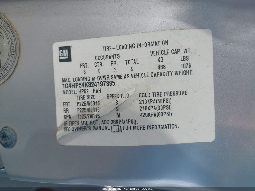 2002 Buick Lesabre Custom VIN: 1G4HP54K824197885 Lot: 43889287