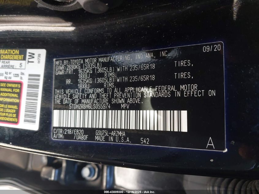 2020 Toyota Highlander Xle VIN: 5TDHZRBH6LS055974 Lot: 43889300