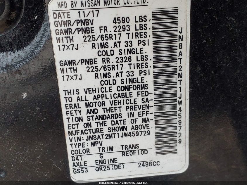 2018 Nissan Rogue Sv VIN: JN8AT2MT1JW459729 Lot: 43889304