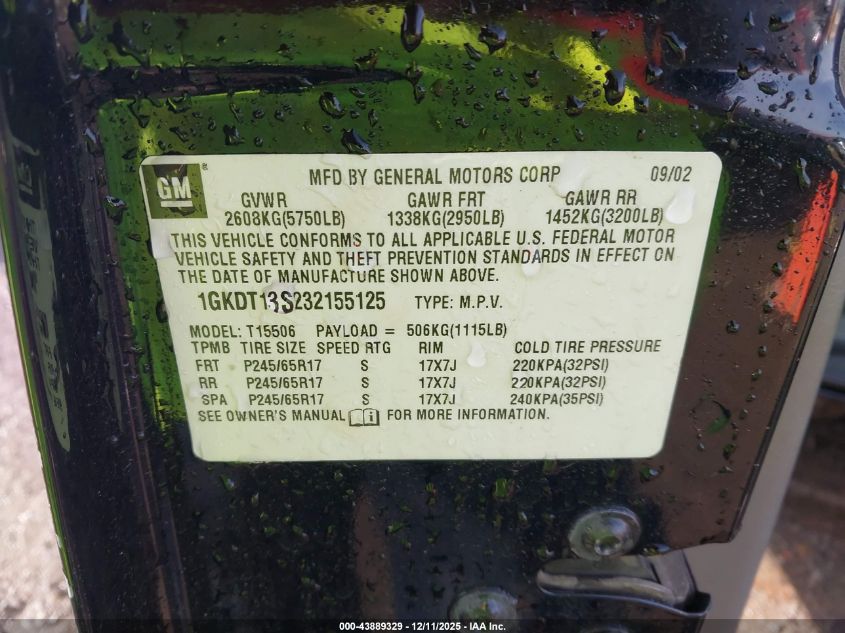 2003 GMC Envoy Sle VIN: 1GKDT13S232155125 Lot: 43889329