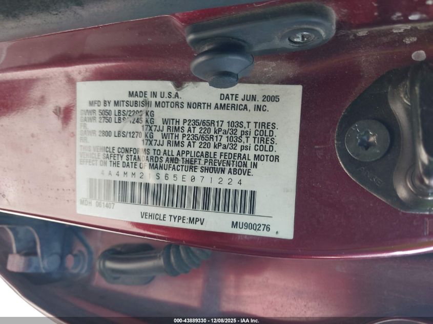 2005 Mitsubishi Endeavor Ls VIN: 4A4MM21S65E071224 Lot: 43889330