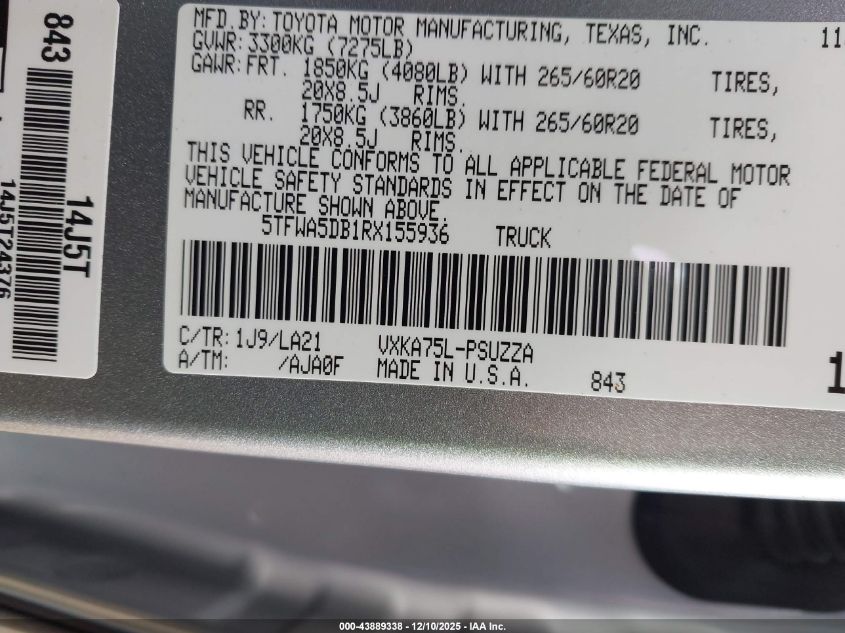 2024 Toyota Tundra Platinum VIN: 5TFWA5DB1RX155936 Lot: 43889338