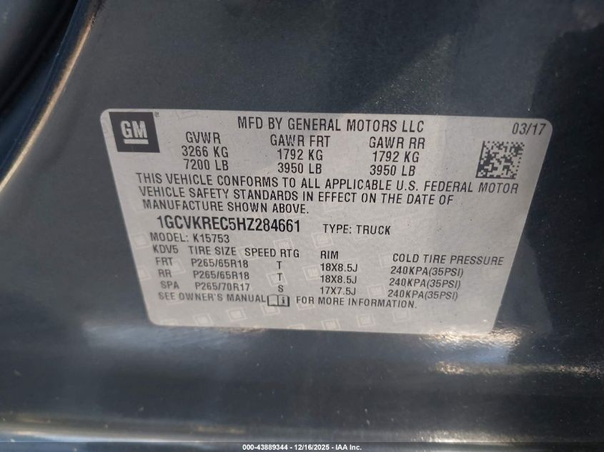 2017 Chevrolet Silverado 1500 1Lt VIN: 1GCVKREC5HZ284661 Lot: 43889344