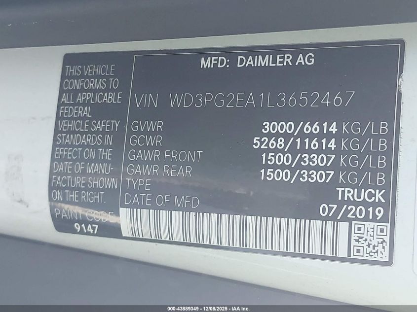 2020 Mercedes-Benz Metris VIN: WD3PG2EA1L3652467 Lot: 43889349