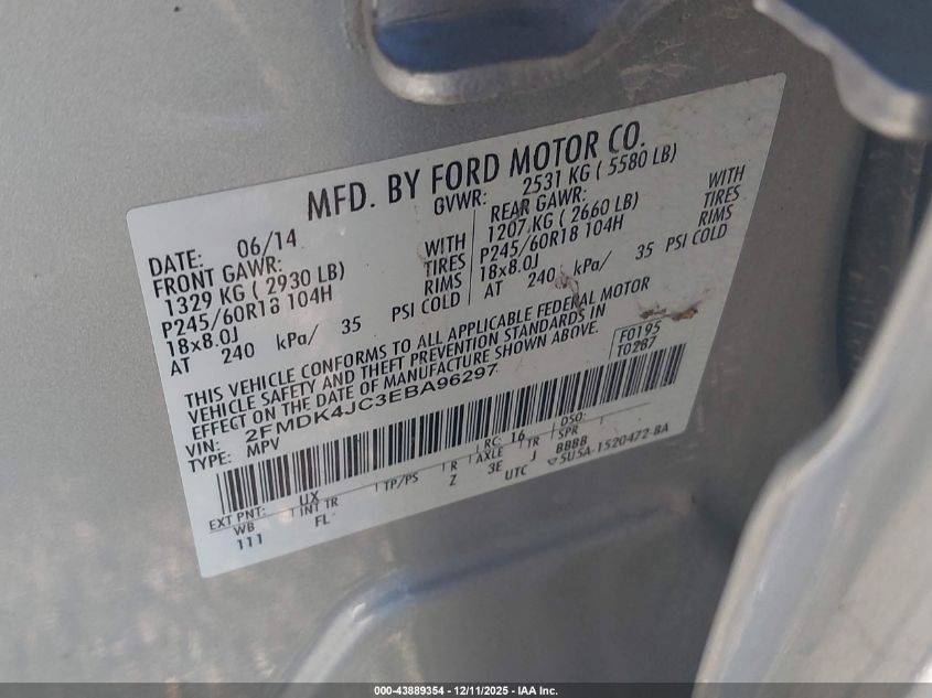 2014 Ford Edge Sel VIN: 2FMDK4JC3EBA96297 Lot: 43889354