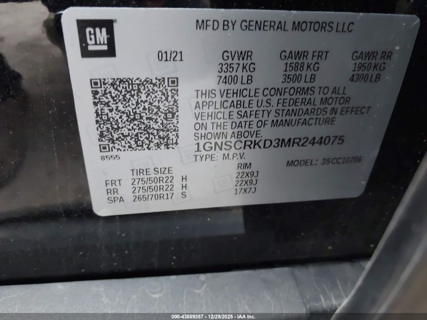 2021 Chevrolet Tahoe - 1GNSCRKD3MR244075