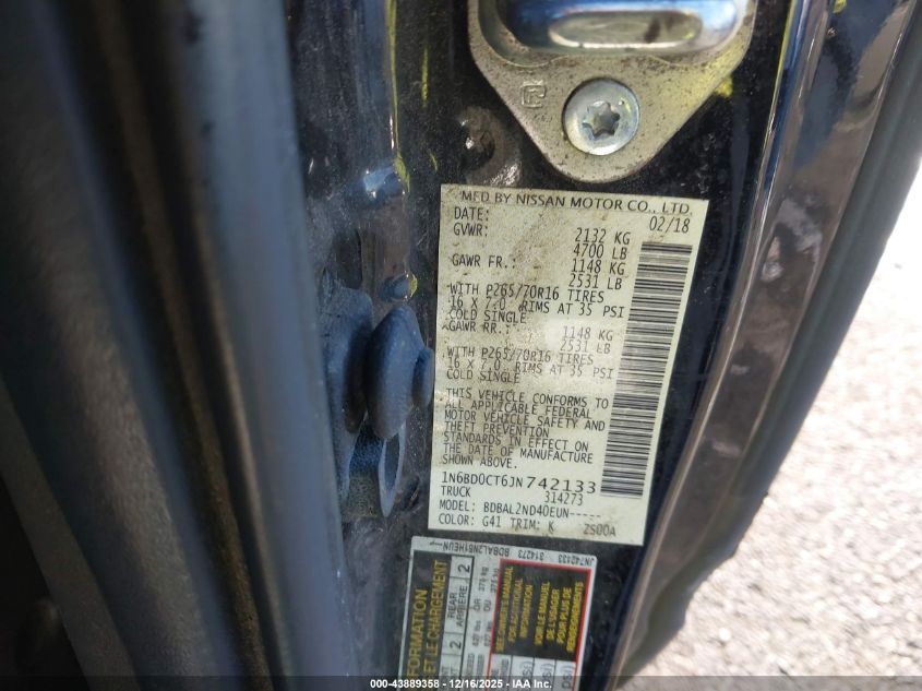 2018 Nissan Frontier Sv-I4 VIN: 1N6BD0CT6JN742133 Lot: 43889358
