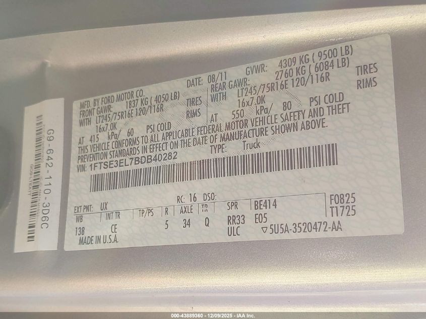 2011 Ford E-350 Super Duty Commercial VIN: 1FTSE3EL7BDB40282 Lot: 43889360