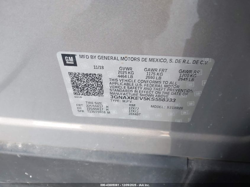 2019 Chevrolet Equinox VIN: 3GNAXKEV5KF558333 Lot: 43889361