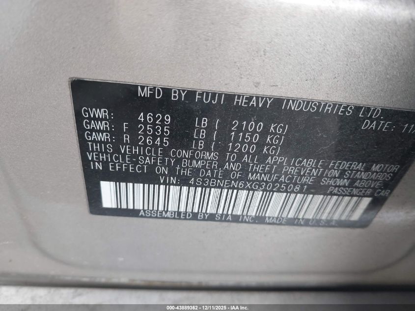 2016 Subaru Legacy 3.6R Limited VIN: 4S3BNEN6XG3025081 Lot: 43889362