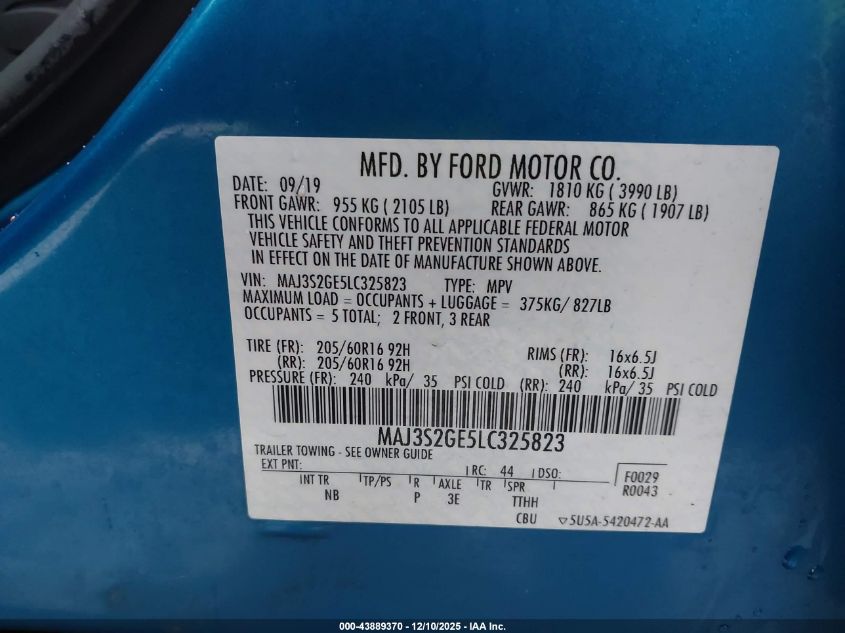 2020 Ford Ecosport Se VIN: MAJ3S2GE5LC325823 Lot: 43889370