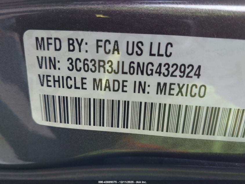 2022 Ram 3500 Laramie 4X4 8' Box VIN: 3C63R3JL6NG432924 Lot: 43889375