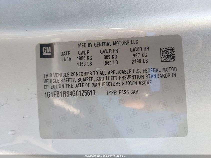 2016 Chevrolet Camaro 1Lt VIN: 1G1FB1RS4G0125617 Lot: 43889379