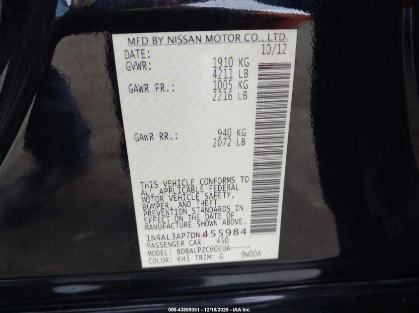 2013 Nissan Altima 2.5 VIN: 1N4AL3AP7DN455984 Lot: 43889381