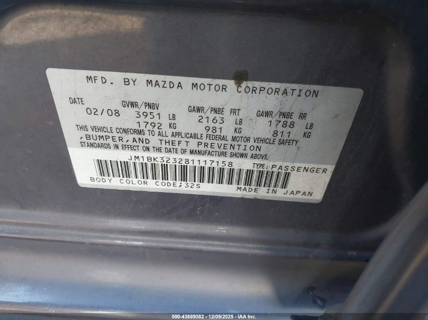 2008 Mazda Mazda3 S Touring VIN: JM1BK323281117158 Lot: 43889382