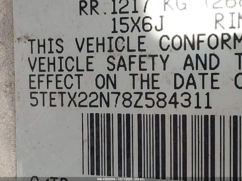 2008 Toyota Tacoma VIN: 5TETX22N78Z584311 Lot: 43889384