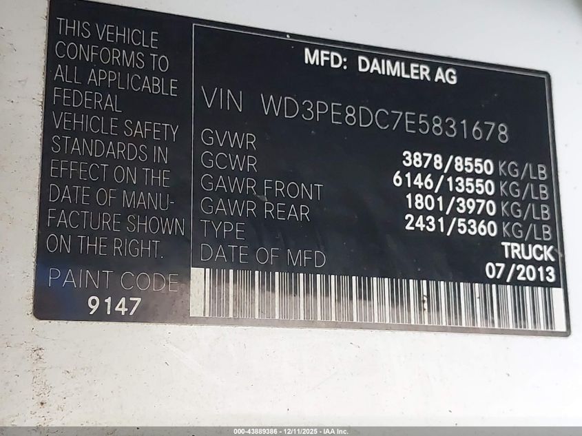 2014 Mercedes-Benz Sprinter 2500 High Roof VIN: WD3PE8DC7E5831678 Lot: 43889386