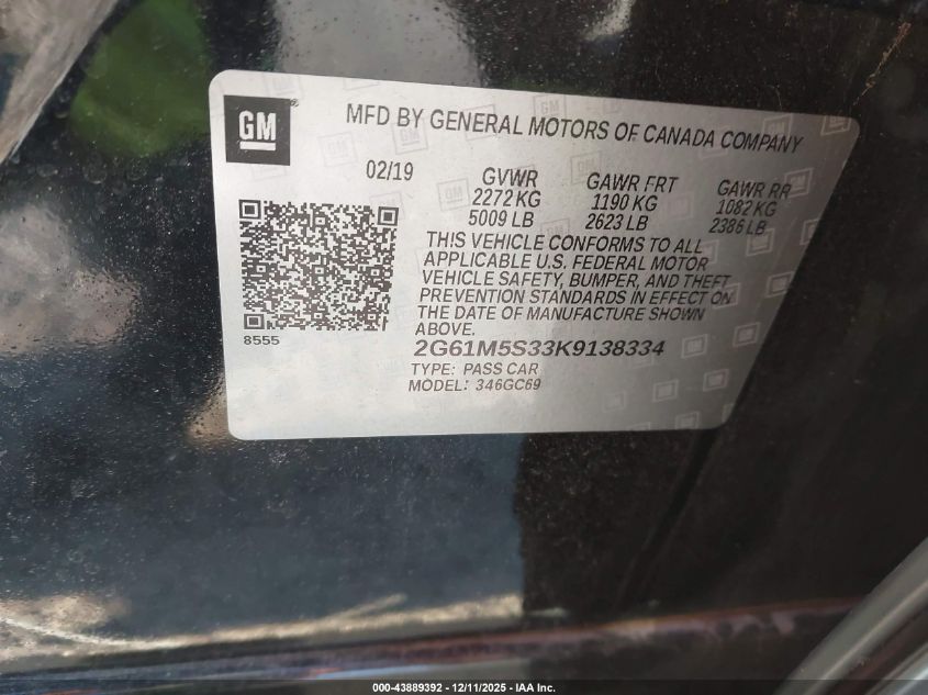 2019 Cadillac Xts Luxury VIN: 2G61M5S33K9138334 Lot: 43889392